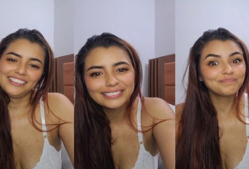 Sweet smile in a white lace bralette